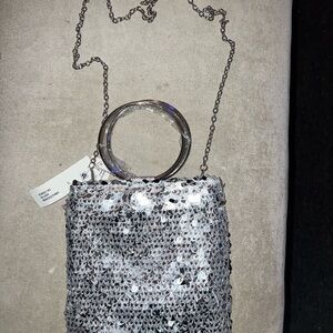Glamorous Silver Sequin Clutch with Chain Strap